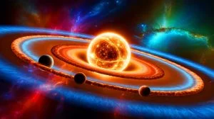 Illustration of the birth of a new solar system around the young star HOPS-315, generated by artificial intelligence.