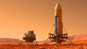 Illustration of Northrop Grumman's Mars rocket motor test for the Mars Sample Return mission, generated by artificial intelligence.