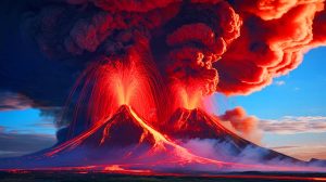 Illustration of the Klyuchevskoy volcano eruption with twin lava flows and a smoke plume, generated by artificial intelligence.