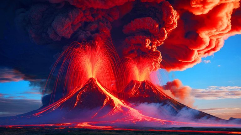 Illustration of the Klyuchevskoy volcano eruption with twin lava flows and a smoke plume, generated by artificial intelligence.