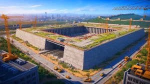 Illustration of China's massive military city construction in Beijing with a nuclear-proof bunker.