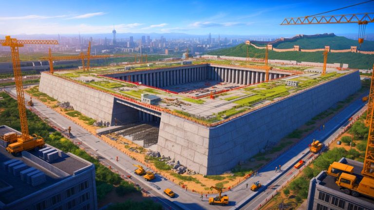 Illustration of China's massive military city construction in Beijing with a nuclear-proof bunker.