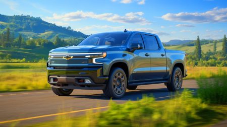 Illustration of a Chevy Silverado EV setting a new electric vehicle range record on a single charge.