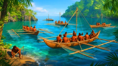 Illustration of ancient maritime technology and prehistoric seafaring tools.