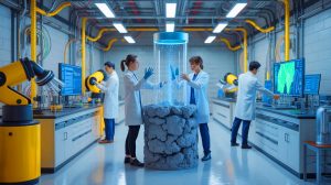 AI Finds “Game-Changing Solution” to Curb Climate Change While Humanity Fails Illustration of researchers at the University of Southern California developing AI for carbon-neutral concrete solutions.