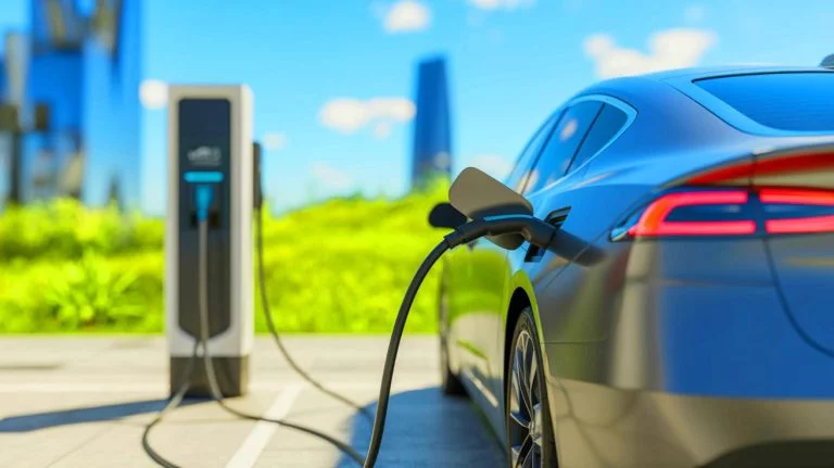 Illustration of an electric car charging at a station.