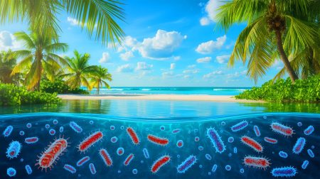 Illustration of the Vibrio vulnificus bacterium in coastal waters.