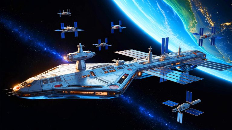 Illustration of the orbital aircraft carrier developed by Gravitics for the U.S. Space Force.