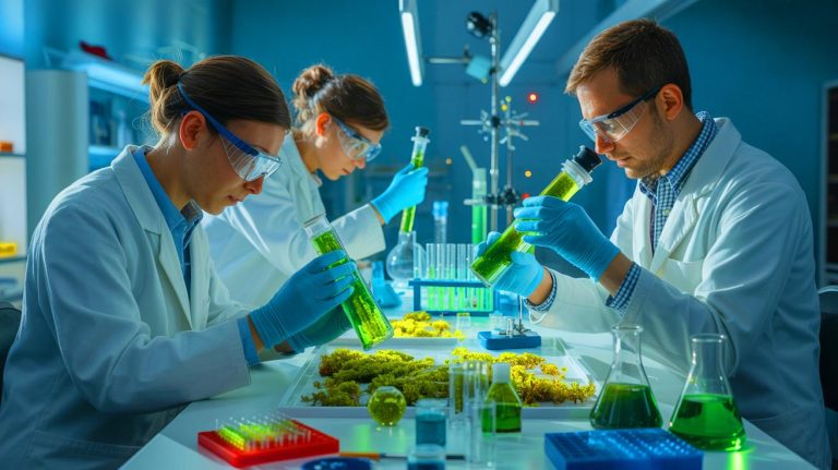 Illustration of scientists reviving ancient microalgae from the Baltic Sea sediments.