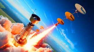 Illustration of a giant centrifugal cannon launching pancake-shaped microsatellites into low-Earth orbit.