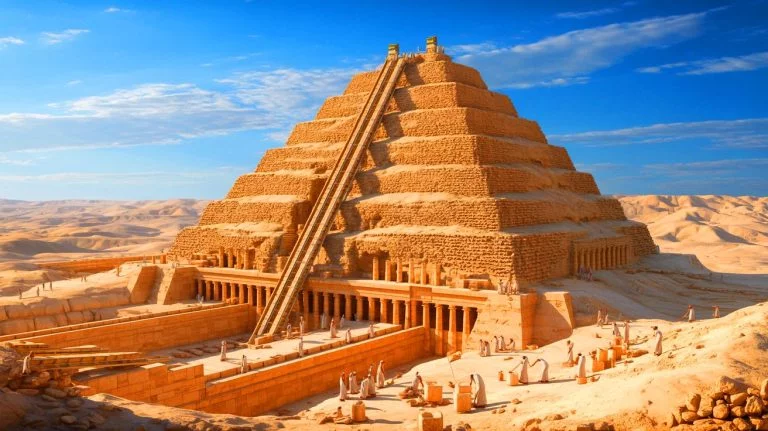 Illustration of the Step Pyramid of Djoser with proposed hydraulic lift system.