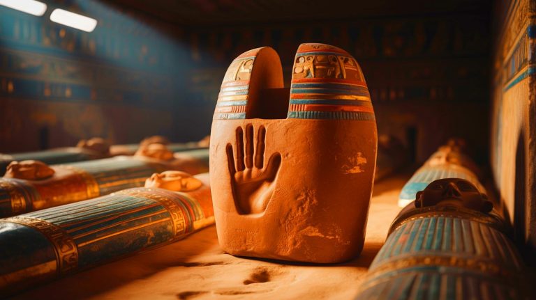 Illustration of a 4,000-year-old Egyptian clay soul house with a complete handprint.