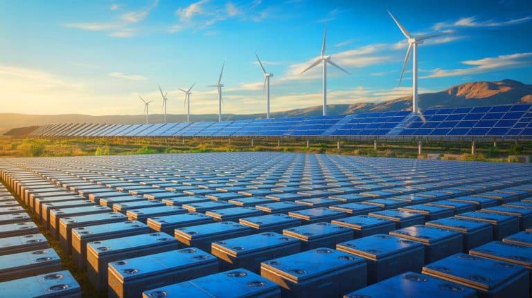 Illustration of retired EV batteries repurposed for grid-connected storage in California.