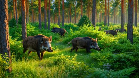 Illustration of wild boars in the Chernobyl exclusion zone exhibiting persistent radioactivity.