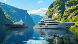 Illustration of Mark Zuckerberg's superyachts navigating the fjords of Norway.