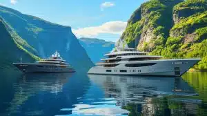 Illustration of Mark Zuckerberg's superyachts navigating the fjords of Norway.