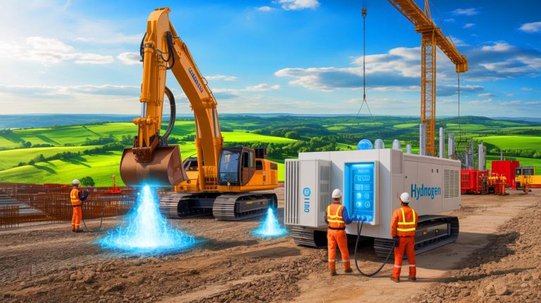 Illustration of hydrogen fuel cells powering a construction site.