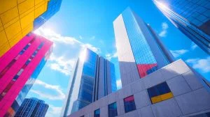 Illustration of innovative supercool cement scattering sunlight to reduce urban heat.