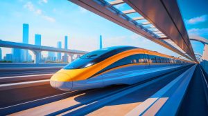 Illustration of a high-speed Maglev train utilizing magnetic levitation technology in China.