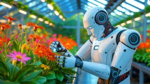 Illustration of the GEAIR robot autonomously performing hybrid pollination in a greenhouse.