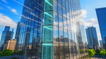 Illustration of a worker cleaning the facade of a skyscraper.