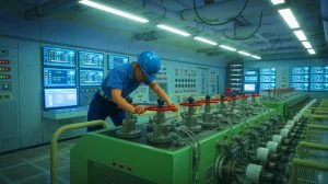 Illustration of a technician at a nuclear power plant adjusting equipment to prevent a safety breach.