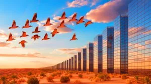 Illustration of The Line project highlighting its potential impact on migratory birds and environmental concerns.
