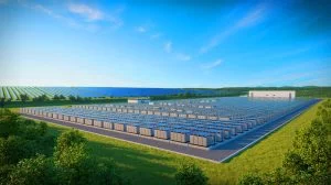 Illustration of a large-scale battery storage facility at a former nuclear site in Philippsburg.