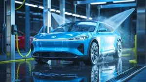 Illustration of the safe washing of an electric vehicle.