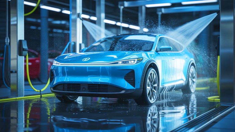 “Electric Cars Are Not Death Traps in the Car Wash”: Why This Big Myth About Washing EVs With Water Refuses to Die Illustration of the safe washing of an electric vehicle.