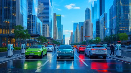 Illustration of electric vehicles and gasoline engines in a complex market landscape.