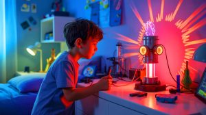 Illustration of a young Jackson Oswalt at 12, acknowledged by Guinness World Records for achieving nuclear fusion at home.