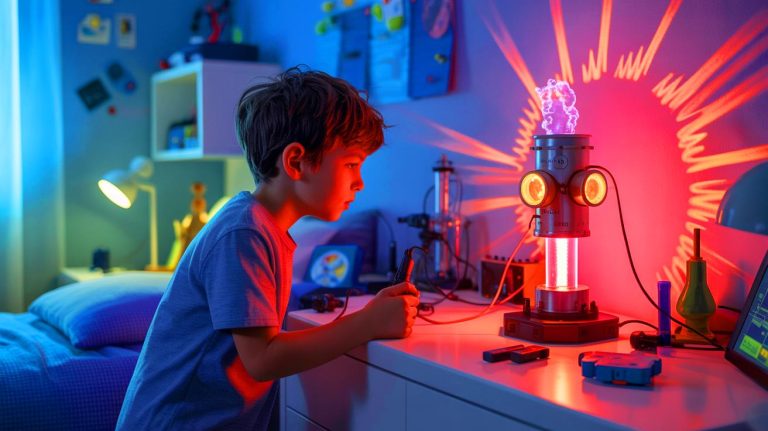Illustration of a young Jackson Oswalt at 12, acknowledged by Guinness World Records for achieving nuclear fusion at home.