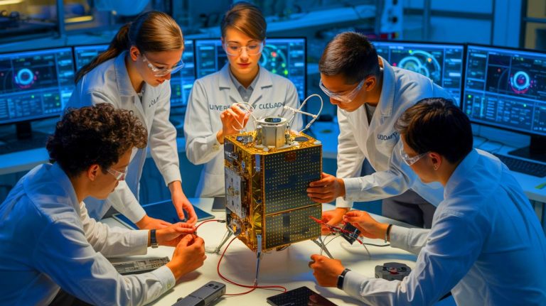 Illustration of University of Calgary students preparing FrontierSat for space launch to study rare atmospheric phenomena.