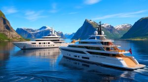 Illustration of Mark Zuckerberg's journey to Norway's fjords aboard two superyachts for an extravagant adventure.