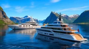 Illustration of Mark Zuckerberg's journey to Norway's fjords aboard two superyachts for an extravagant adventure.