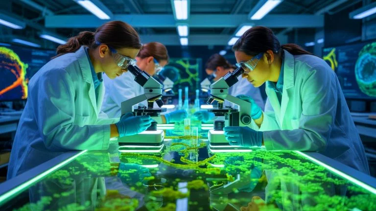 Illustration of scientists reviving ancient microalgae from Baltic Sea sediments.