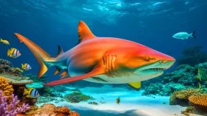 Illustration of a nurse shark with bright orange skin swimming in the Caribbean waters.