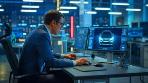 Illustration of a cybersecurity expert discovering a vulnerability in a connected vehicle system.