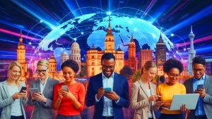 Illustration of global interconnectedness through digital communication platforms.