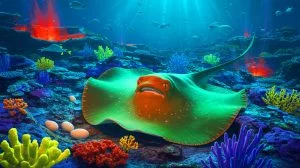 Illustration of an underwater volcano off Vancouver Island revealing a nursery of giant skate ray eggs.