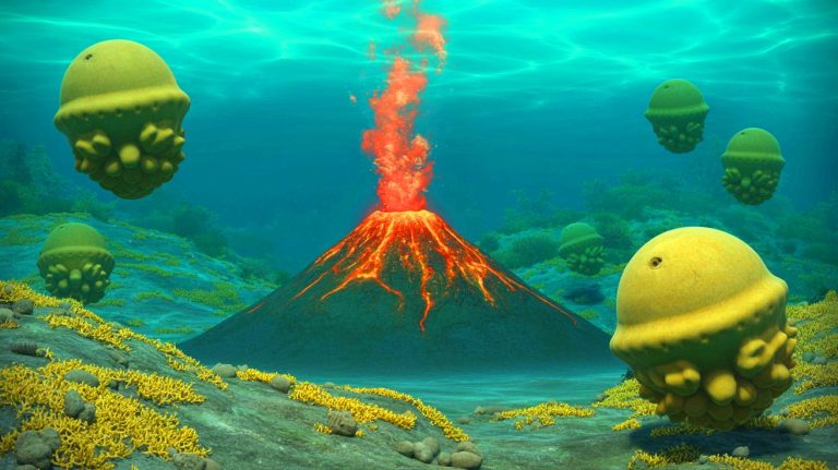 Illustration of an underwater volcano revealing giant Pacific white skate eggs.