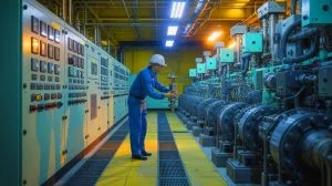 Illustration of a technician at a nuclear power plant inspecting a cooling valve.
