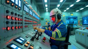 Illustration of a technician addressing a safety breach at a nuclear power plant.