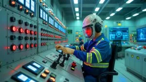 Illustration of a technician addressing a safety breach at a nuclear power plant.