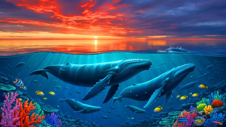 Whale Song Fades as “Echoes Die Under Blood-Red Skies” and Experts Fear Imminent Oceanic Ecological Breakdown Illustration of the impact of climate change on marine ecosystems and blue whale populations.