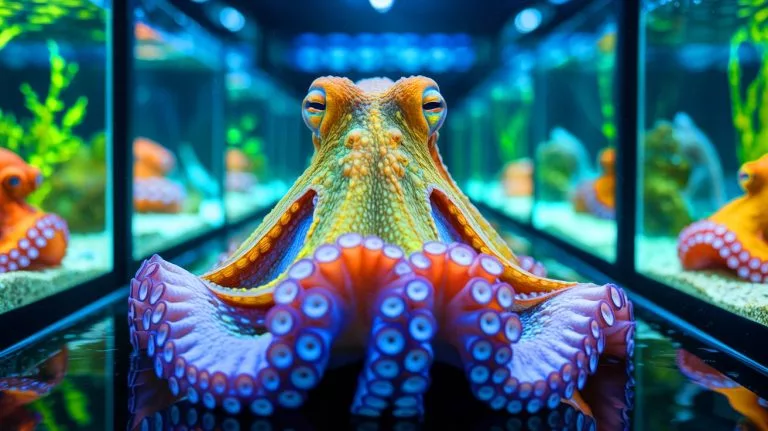 Illustration of octopus farming and its ethical and environmental implications.