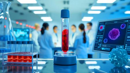 Illustration of young blood serum rejuvenating aging skin through bone marrow cell interaction.