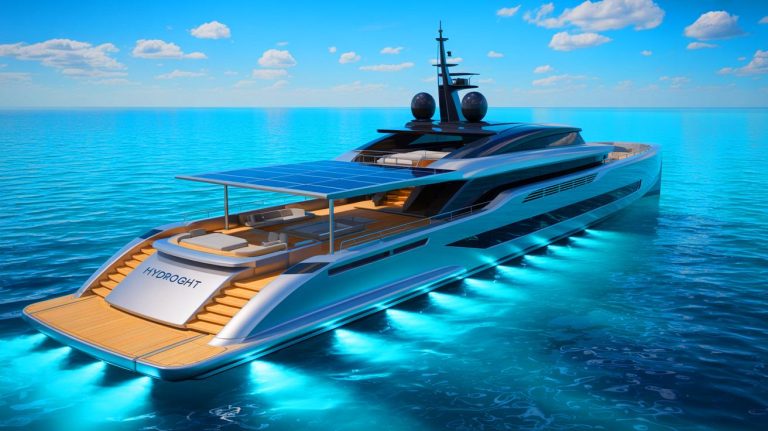 Illustration of the world's first hydrogen-powered superyacht, Breakthrough, available for sale.