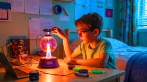 Illustration of Jackson Oswalt at 12, acknowledged by Guinness World Records for achieving nuclear fusion at home.